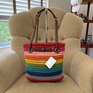 VTG Auth KURT GEIGER London Iconic CHELSEA Rainbow Raffia Tote Bag